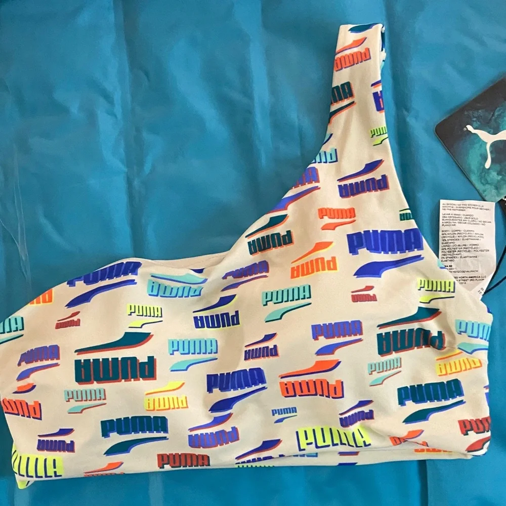 Puma colorful logo one shoulder bikini bandeau top Size S - Picture 1 of 3